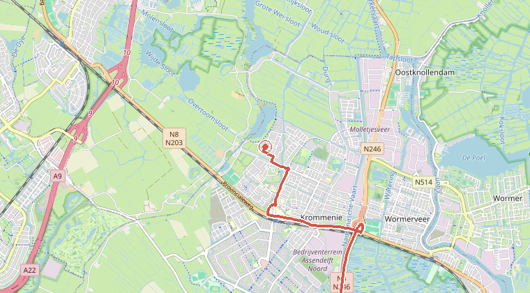 Kaart van de omgeving van de melding, met de kazerne die is gealarmeerd