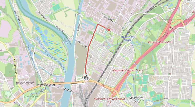 Kaart van de omgeving van de melding, met de kazerne die is gealarmeerd