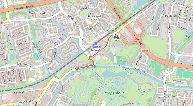 Kaart van de omgeving van de melding, met de kazerne die is gealarmeerd