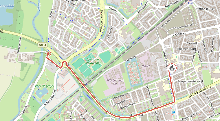 Kaart van de omgeving van de melding, met de kazerne die is gealarmeerd