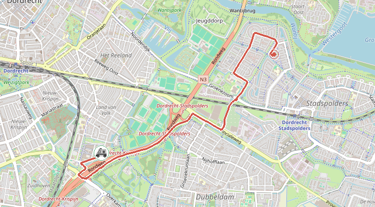 Kaart van de omgeving van de melding, met de kazerne die is gealarmeerd