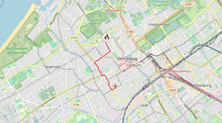 Kaart van de omgeving van de melding, met de kazerne die is gealarmeerd