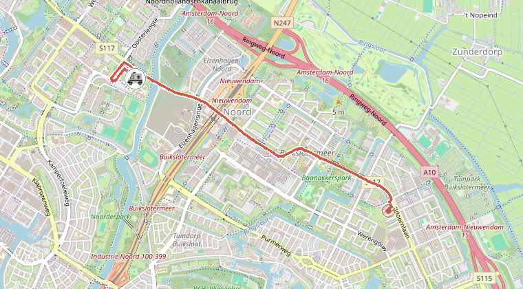 Kaart van de omgeving van de melding, met de kazerne die is gealarmeerd
