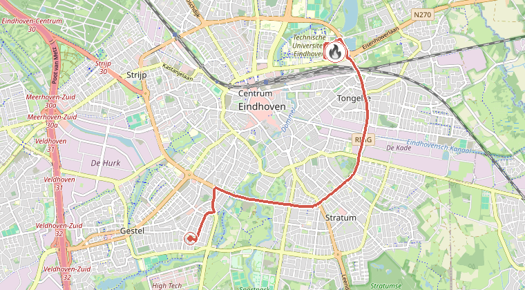 Kaart van de omgeving van de melding, met de kazerne die is gealarmeerd