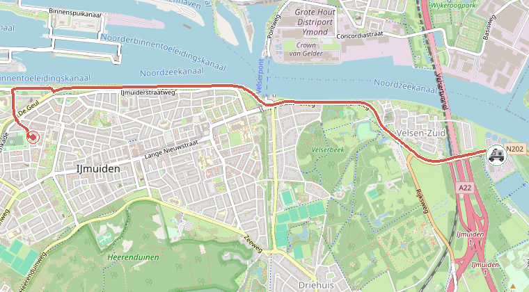 Kaart van de omgeving van de melding, met de kazerne die is gealarmeerd
