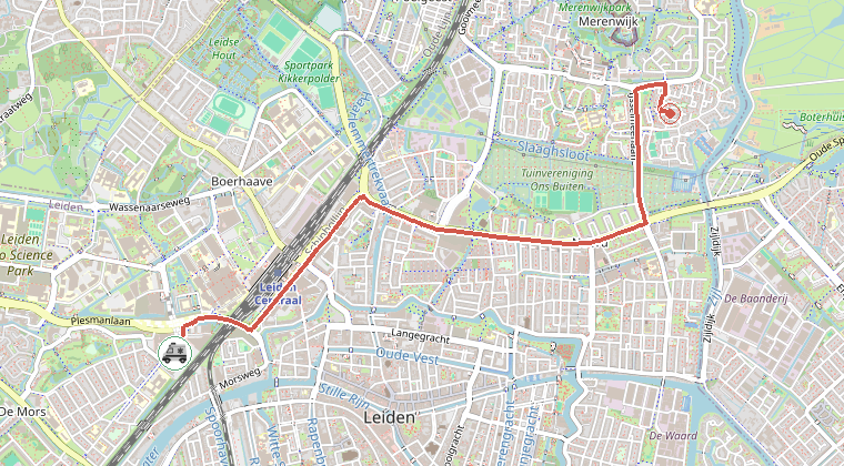 Kaart van de omgeving van de melding, met de kazerne die is gealarmeerd