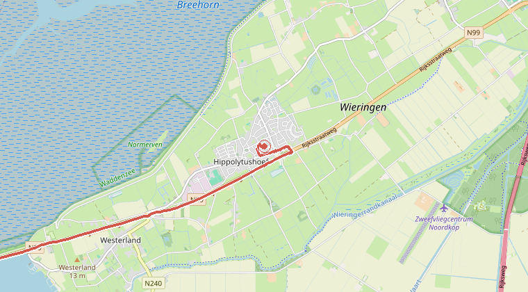 Kaart van de omgeving van de melding, met de kazerne die is gealarmeerd