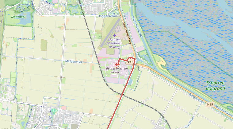 Kaart van de omgeving van de melding, met de kazerne die is gealarmeerd
