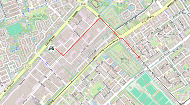 Kaart van de omgeving van de melding, met de kazerne die is gealarmeerd