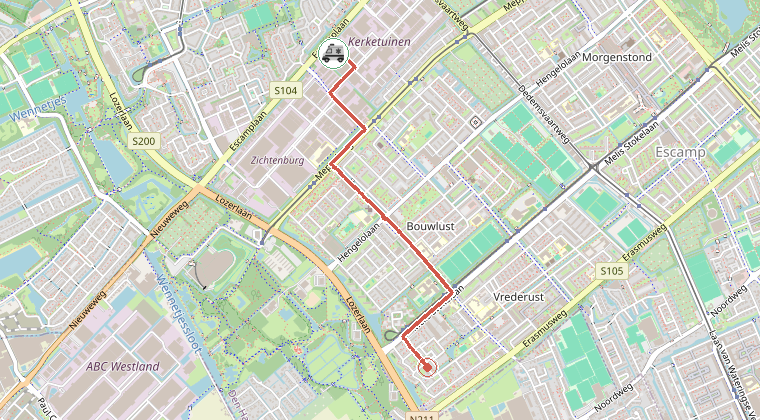 Kaart van de omgeving van de melding, met de kazerne die is gealarmeerd
