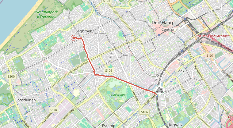Kaart van de omgeving van de melding, met de kazerne die is gealarmeerd