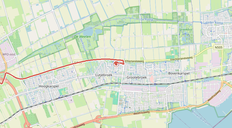 Kaart van de omgeving van de melding, met de kazerne die is gealarmeerd