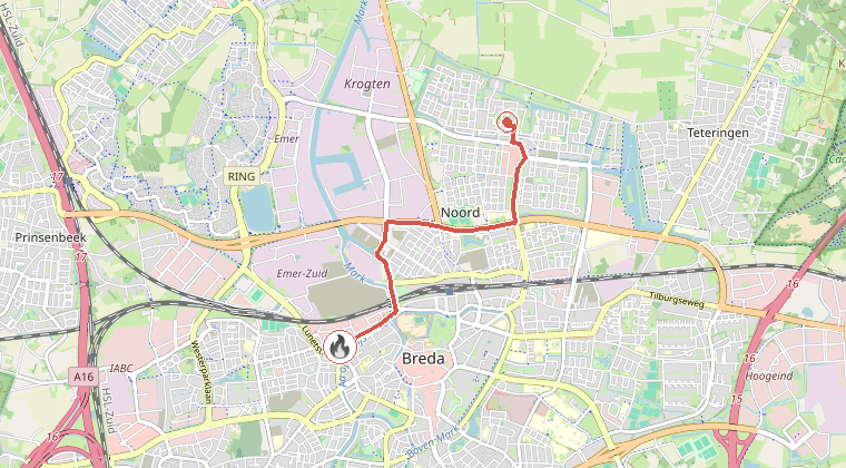 Kaart van de omgeving van de melding, met de kazerne die is gealarmeerd