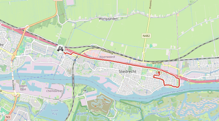 Kaart van de omgeving van de melding, met de kazerne die is gealarmeerd