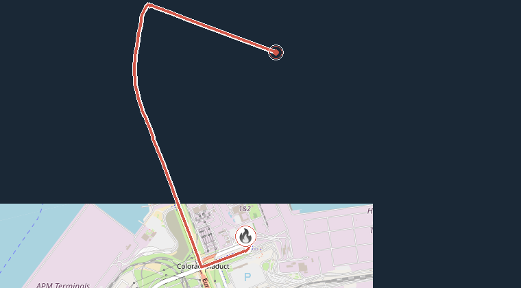 Kaart van de omgeving van de melding, met de kazerne die is gealarmeerd