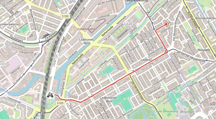 Kaart van de omgeving van de melding, met de kazerne die is gealarmeerd