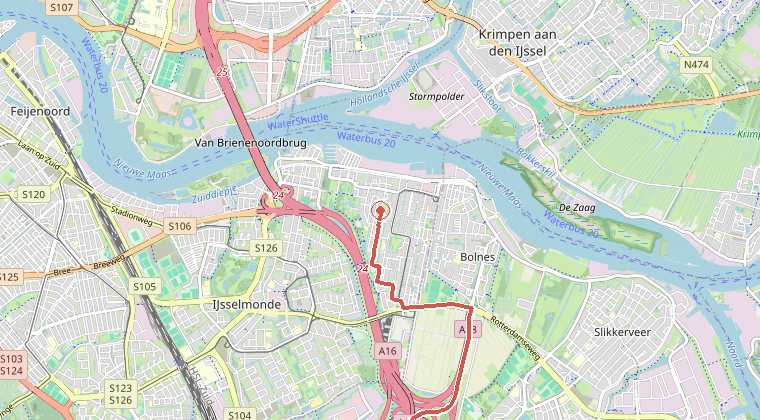 Kaart van de omgeving van de melding, met de kazerne die is gealarmeerd
