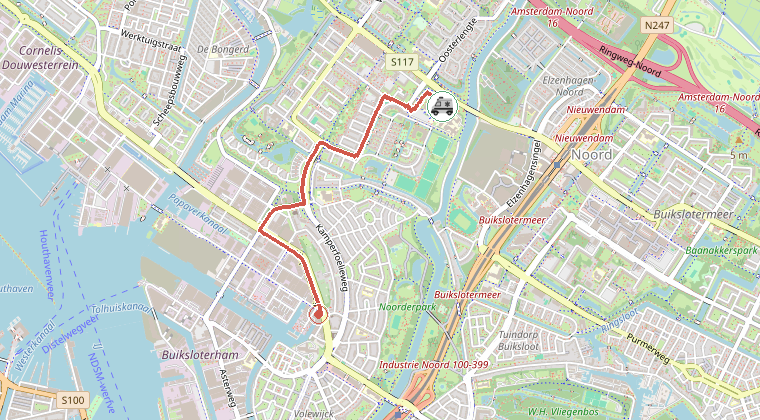 Kaart van de omgeving van de melding, met de kazerne die is gealarmeerd