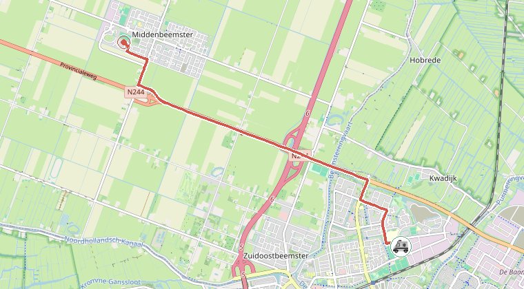 Kaart van de omgeving van de melding, met de kazerne die is gealarmeerd