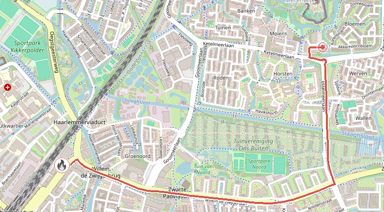 Kaart van de omgeving van de melding, met de kazerne die is gealarmeerd