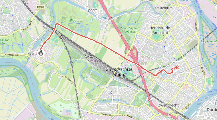Kaart van de omgeving van de melding, met de kazerne die is gealarmeerd