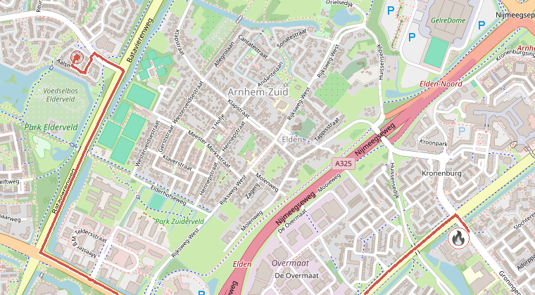 Kaart van de omgeving van de melding, met de kazerne die is gealarmeerd