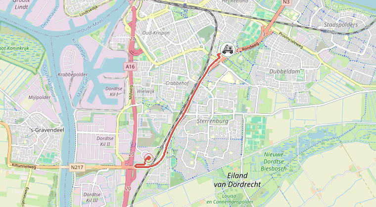Kaart van de omgeving van de melding, met de kazerne die is gealarmeerd