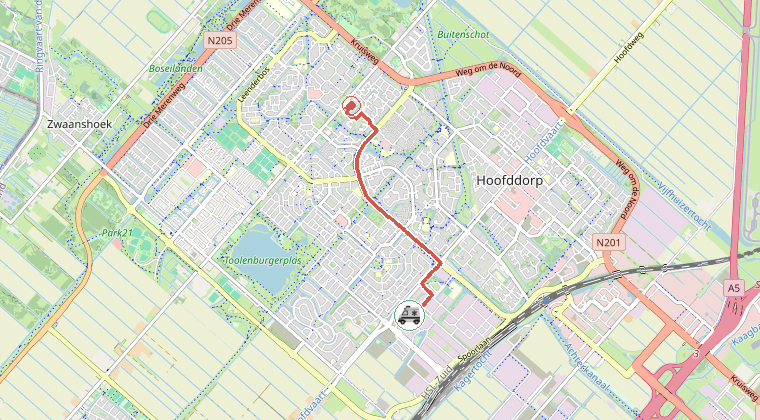 Kaart van de omgeving van de melding, met de kazerne die is gealarmeerd