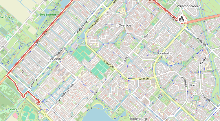 Kaart van de omgeving van de melding, met de kazerne die is gealarmeerd