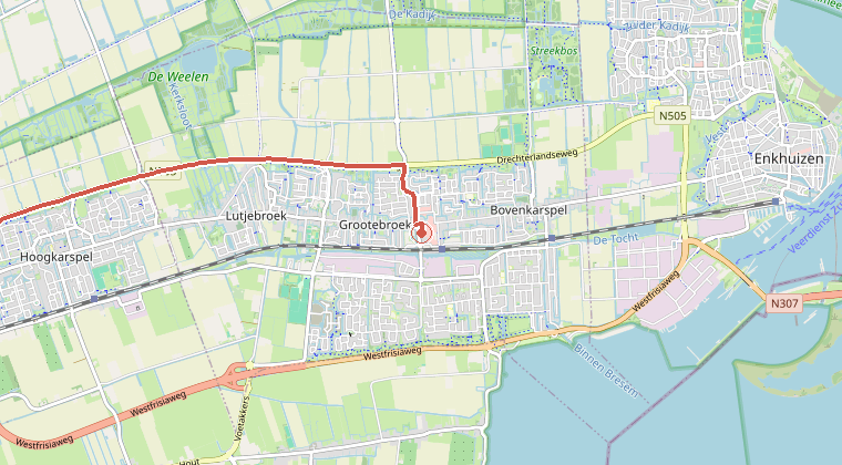 Kaart van de omgeving van de melding, met de kazerne die is gealarmeerd