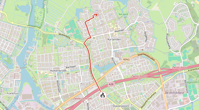 Kaart van de omgeving van de melding, met de kazerne die is gealarmeerd