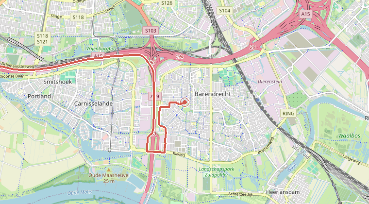 Kaart van de omgeving van de melding, met de kazerne die is gealarmeerd