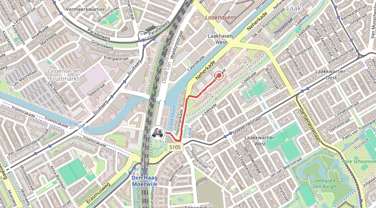 Kaart van de omgeving van de melding, met de kazerne die is gealarmeerd