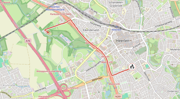 Kaart van de omgeving van de melding, met de kazerne die is gealarmeerd
