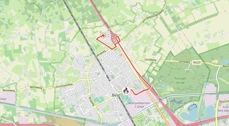Kaart van de omgeving van de melding, met de kazerne die is gealarmeerd