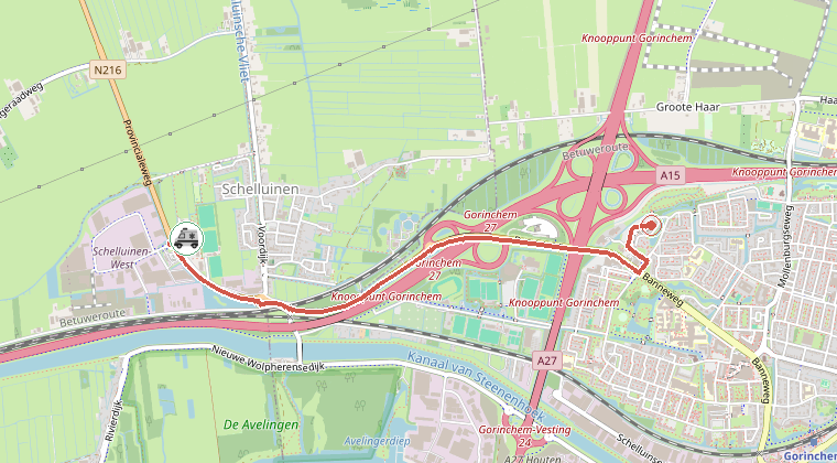 Kaart van de omgeving van de melding, met de kazerne die is gealarmeerd