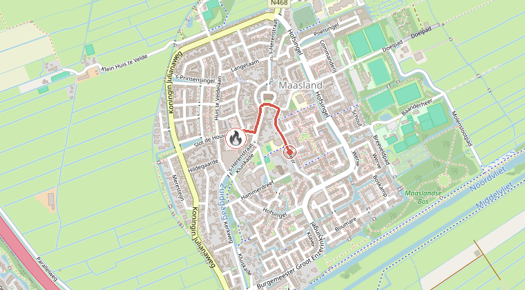 Kaart van de omgeving van de melding, met de kazerne die is gealarmeerd