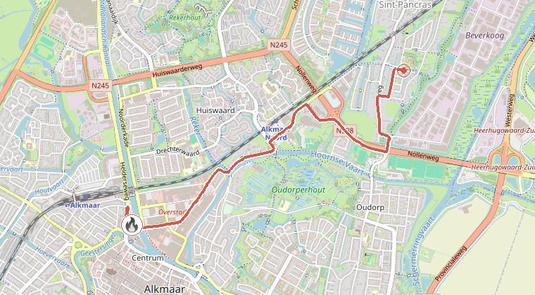 Kaart van de omgeving van de melding, met de kazerne die is gealarmeerd