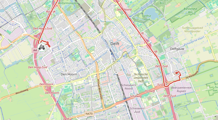 Kaart van de omgeving van de melding, met de kazerne die is gealarmeerd