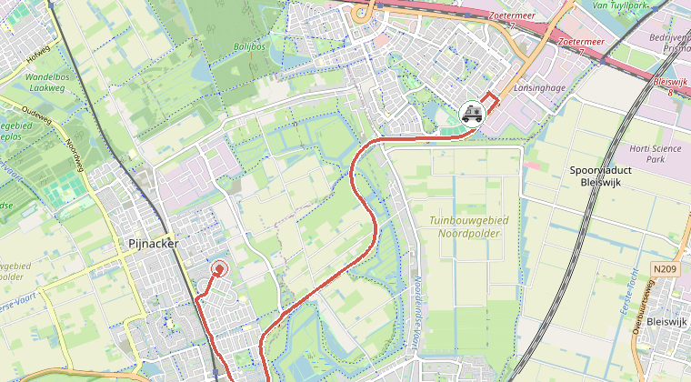 Kaart van de omgeving van de melding, met de kazerne die is gealarmeerd
