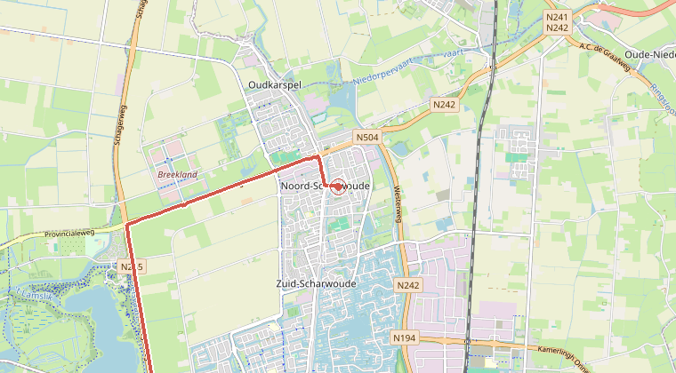 Kaart van de omgeving van de melding, met de kazerne die is gealarmeerd
