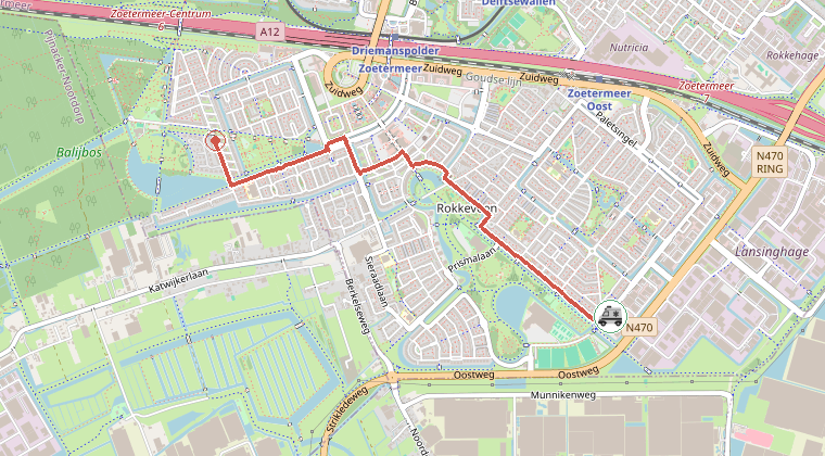 Kaart van de omgeving van de melding, met de kazerne die is gealarmeerd