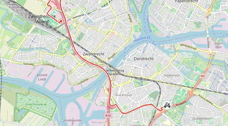 Kaart van de omgeving van de melding, met de kazerne die is gealarmeerd