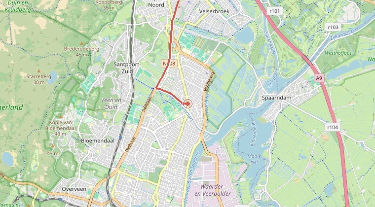 Kaart van de omgeving van de melding, met de kazerne die is gealarmeerd