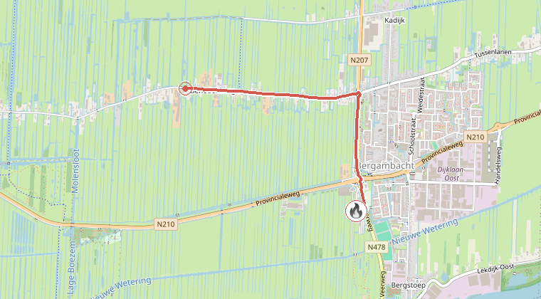 Kaart van de omgeving van de melding, met de kazerne die is gealarmeerd