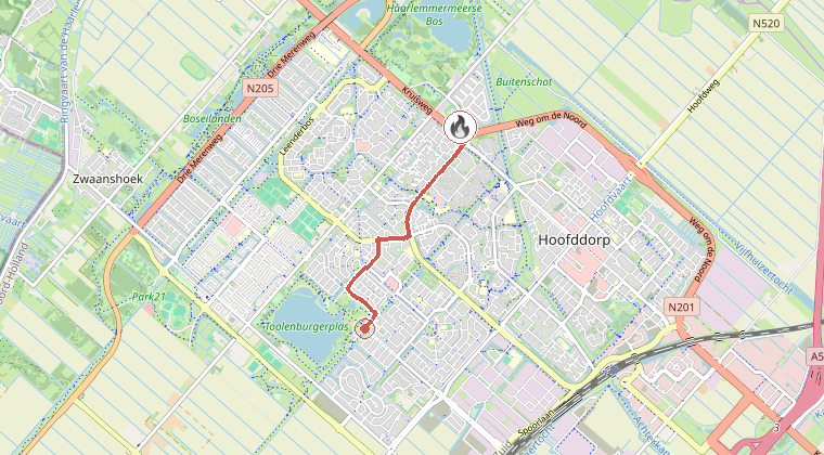 Kaart van de omgeving van de melding, met de kazerne die is gealarmeerd