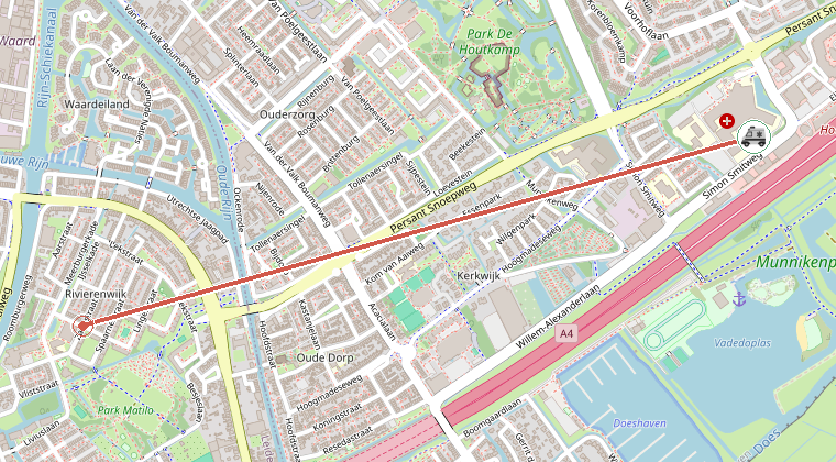 Kaart van de omgeving van de melding, met de kazerne die is gealarmeerd