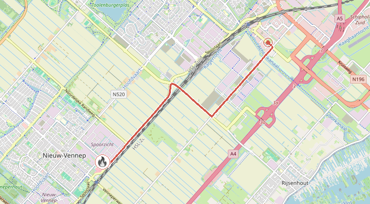 Kaart van de omgeving van de melding, met de kazerne die is gealarmeerd