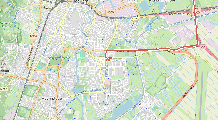Kaart van de omgeving van de melding, met de kazerne die is gealarmeerd