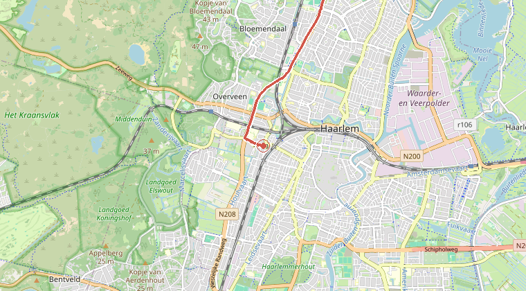 Kaart van de omgeving van de melding, met de kazerne die is gealarmeerd